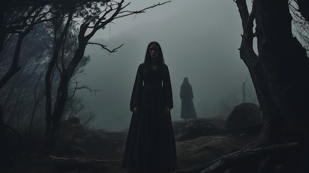 heks in lange zwarte jurk en met geschilderd gezicht staande opkijkend in donkere sombere bossen