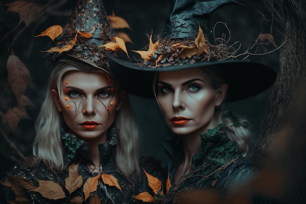 Heks met het maken van hekserij magische spreuken hoed toveren Spooky dark magic forest Magician Wide Halloween party art design Angstaanjagend eng personage mooie tovenares