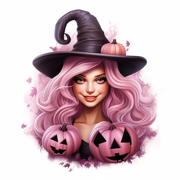 heks met roze haar en een zwarte hoed met twee pompoenen generatieve ai