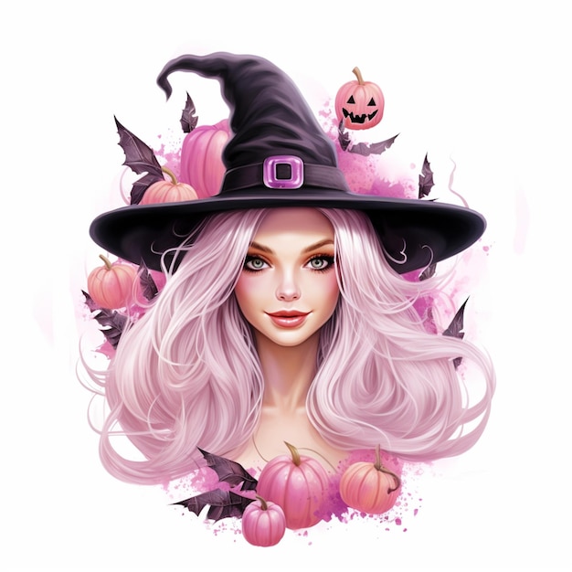 heks met roze haar en een zwarte hoed omringd door pompoenen generatieve ai