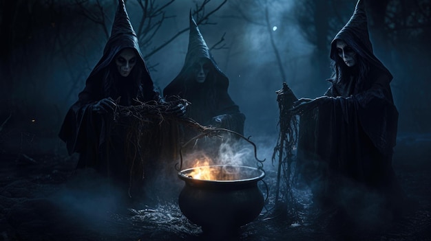 heksen verzameld bij een ketel die hun drankjes brouwen en hun spreuken uitspreken