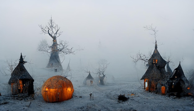 Heksendorp met Pompoenen in de Mist.realistic Halloween-festivalillustratie.