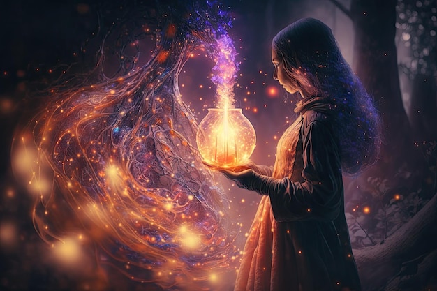 Foto heksenspelling in fantasieduisternis van prachtige magische stok