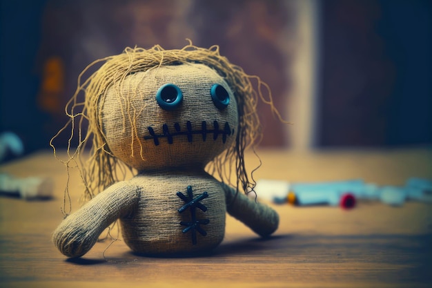 Foto hekserij voodoo-pop met griezelig hoofd op houten tafel
