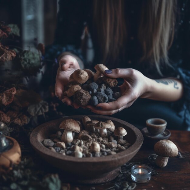Foto hekserij vrouwelijke heksen handen met paddenstoelen close-up ai gegenereerde afbeelding