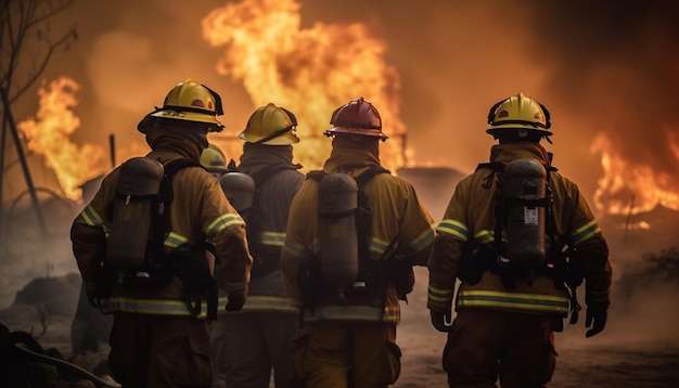 Helden in beschermende werkkleding blussen inferno met teamwerk en urgentie gegenereerd door kunstmatige intelligentie