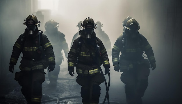 Helden in beschermende werkkleding redden brandend gebouw gegenereerd door AI