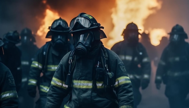 Helden in beschermende werkkleding redden menigten van gevaarlijk inferno veroorzaakt door kunstmatige intelligentie