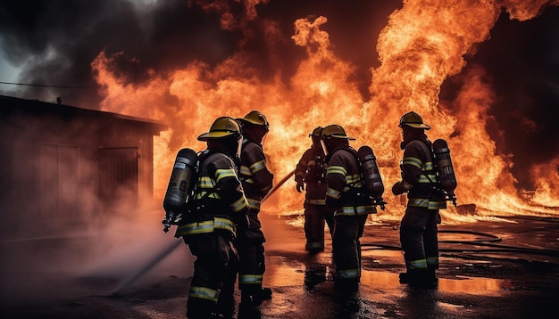 Helden in uniform die buiten aan het werk zijn, strijden tegen de hel met beschermende werkkleding die is gegenereerd door kunstmatige intelligentie