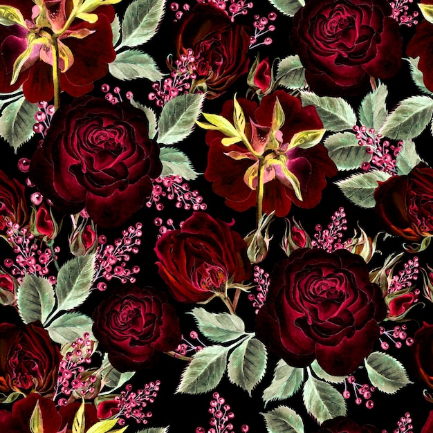 Helder aquarel naadloos patroon met bloemen rozen bes illustratie