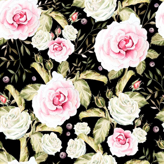 Helder aquarel naadloos patroon met bloemenknoppen en bladeren van rozen Illustratie