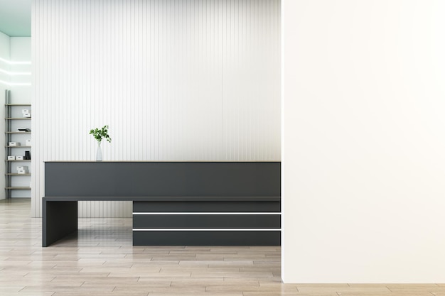 Helder betonnen kantoorinterieur met houten vloeren zwarte receptiebalie en mock-up plaats op muur Lobby concept 3D Rendering