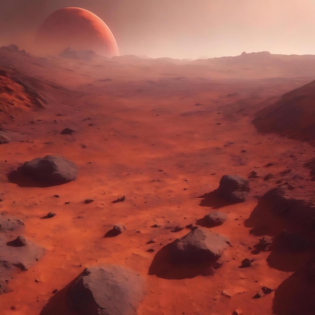 Helder bokeh wazig als Mars rode planeet in de lucht Mars planeet landschap op de planeet Mars