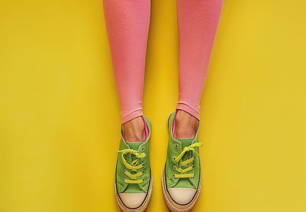 Helder contrast roze leggings en groene sneakers op een felgele achtergrond