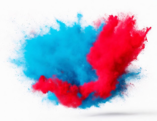 helder cyan blauw en rood holi verf kleur poeder festival explosie barst geïsoleerd wit