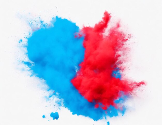 helder cyan blauw en rood holi verf kleur poeder festival explosie barst geïsoleerd wit