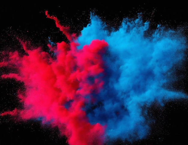 helder cyan blauw en rood holi verf kleur poeder festival explosie barst geïsoleerd zwart