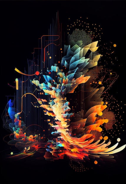 Helder gekleurde abstracte digitale kunst van een vogel met kleurrijke gevederde veer generatieve ai