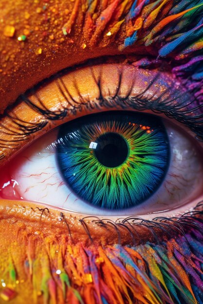 Helder gekleurde oog met een regenboog van verf erop generatieve ai