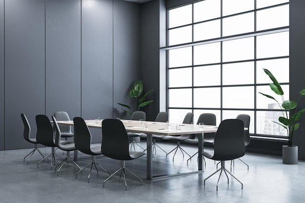 Helder interieur van de vergaderzaal met raam en uitzicht op de stad 3D-rendering