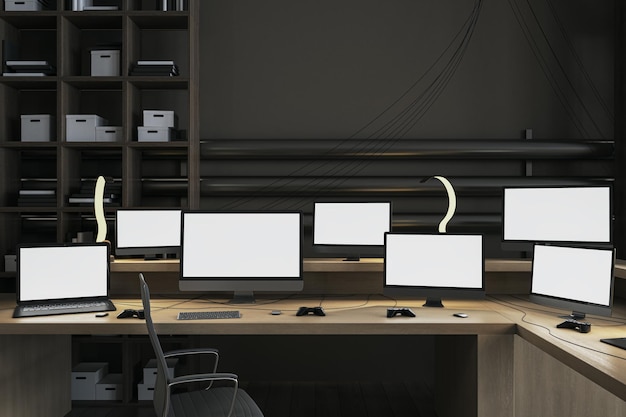 Helder kantoorinterieur met meerdere lege witte computermonitoren op houten bureau Gaming werk hacking en bitcoin mining concept Mock up 3D Rendering
