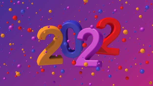 Helder kleurrijk 2022 en deeltjes. Kleur verloop achtergrond. De abstracte 3d illustratie, geeft terug.