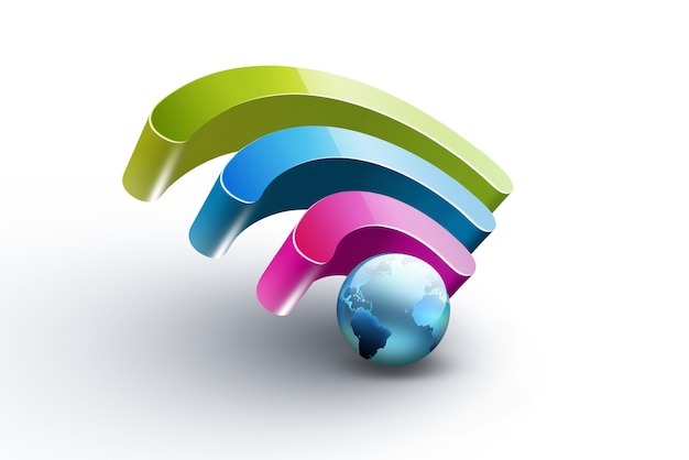 Foto helder kleurrijk symbool van wifi met blauwe wereld op witte achtergrond realistische d-afbeelding