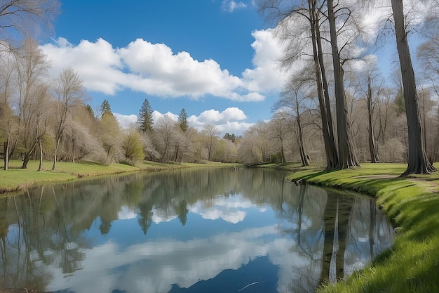 Helder meer met de weerspiegeling van de bomen en de lucht op een koele dag in het voorjaar