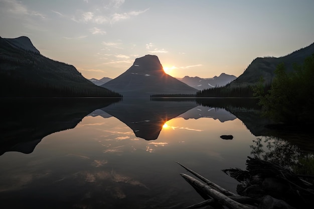 Helder meer omringd door torenhoge bergen en zichtbare zonsopgang gecreëerd met generatieve AI