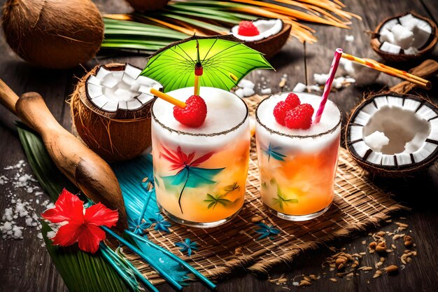 Foto helder met paraplu versierde cocktail en kokosmelk met stro