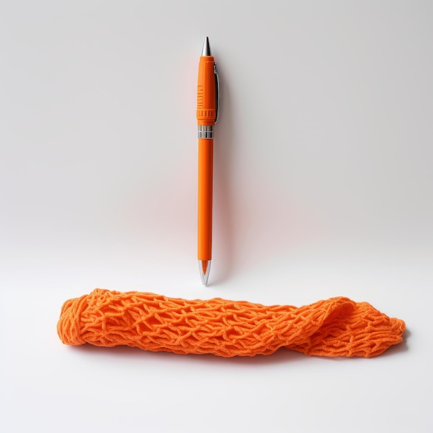 Foto helder oranje gebreide pen in lege witte ruimte