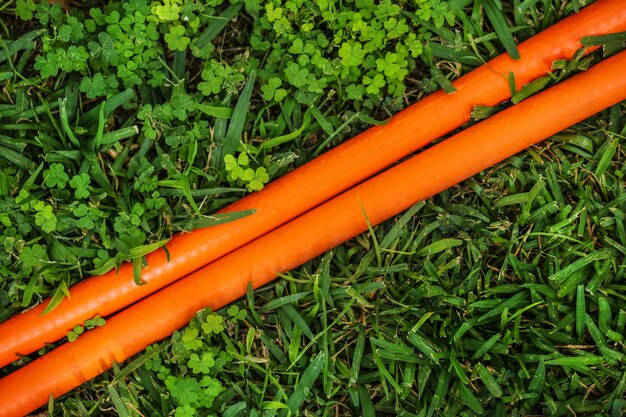 Foto helder oranje slang (twee lijnen) in groen gazon dat diagonaal loopt. uitzicht van boven. abstracte tuinieren achtergrond.