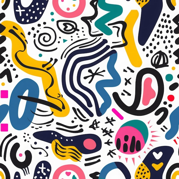 Helder regenboog doodle abstracte vormen naadloos patroon esthetisch krullen cirkel kogel punt