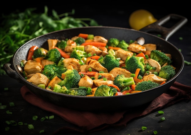 Helder roerbakgerecht met kip, broccoli, wortelen en uien op een houten tafel gegarneerd met groen Wintervoedselconcept