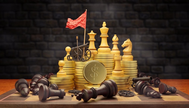 Foto helder schaken met kanon en rode overwinningsvlaggen op gouden munten op donkere bakstenen achtergrond. dark chess werd verslagen en vernietigd, verspreid over het schaakbord. concept zakelijk succes. 3d illustratie.