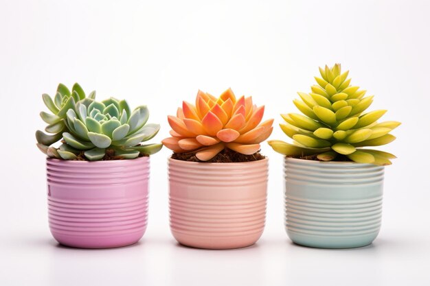 Helder succulent trio in kleurrijke potten geïsoleerd op doorzichtige achtergrond