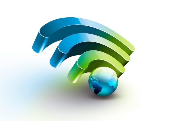 Foto helder symbool van wifi met blauwe wereld op een witte achtergrond realistische d-afbeelding