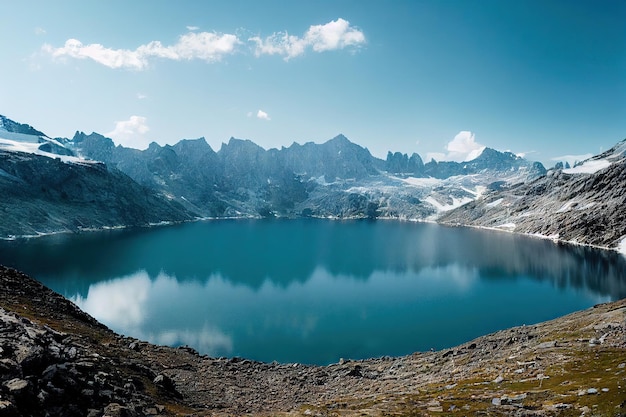 Helder turkoois bergmeer omringd door rotsachtige besneeuwde heuvels