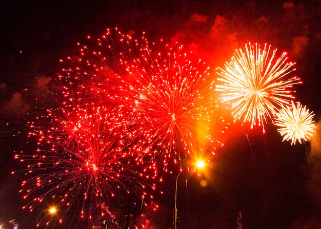 Helder veelkleurig feestelijk vuurwerk in de nachtelijke hemel