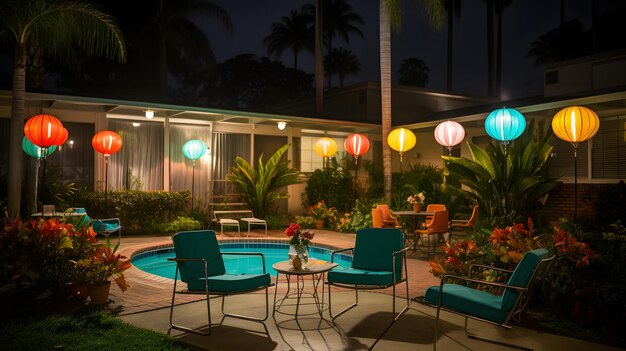 helder verlichte patio met stoelen en tafels en een zwembad Generatieve AI