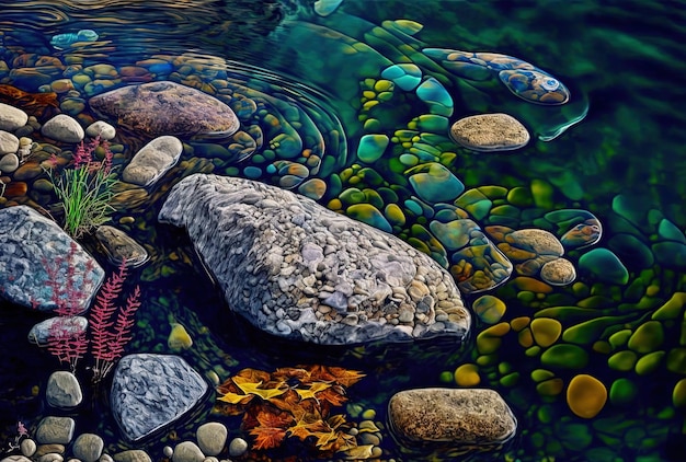 Helder water een stroom met een veelkleurige textuur en kleurrijke stenen op de bodem van de rivier