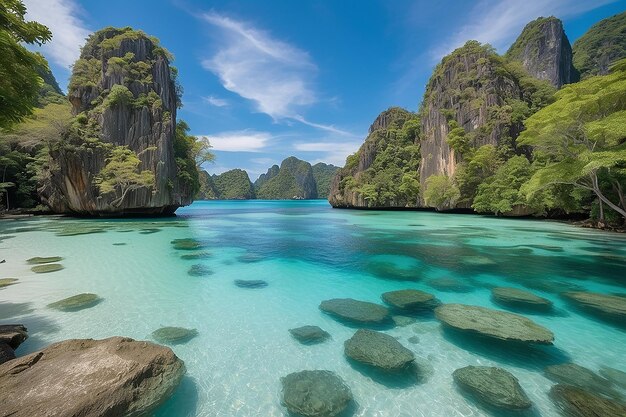 Helder water en blauwe lucht op het paradijs eiland in de tropische zee van Thailand