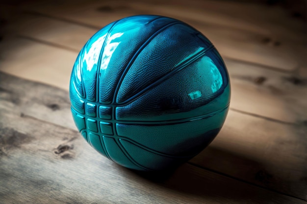 Helderblauwe glanzende nieuwe basketbalbal die op houten vloer ligt