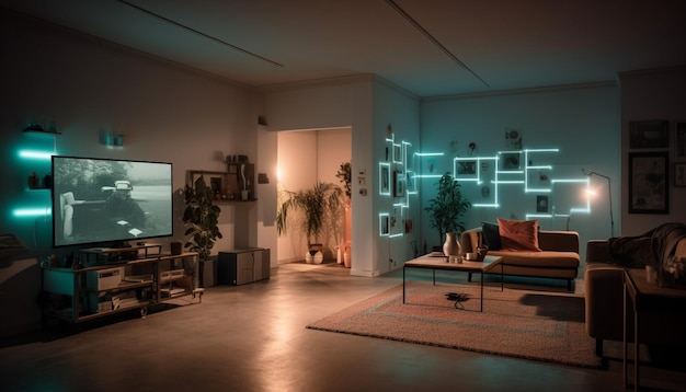 Foto helderblauwe technologie verlicht het interieur van moderne appartementen, gegenereerd door ai