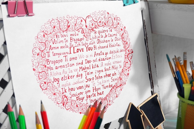 Heldere afbeelding van hart met tekst close-up