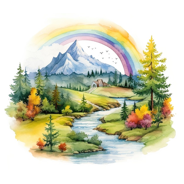 Heldere aquarel landschap regenboog natuur illustratie bos bergen bomen