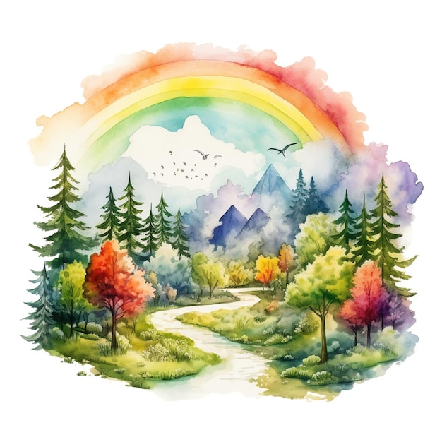 Heldere aquarel landschap regenboog natuur illustratie bos bergen bomen