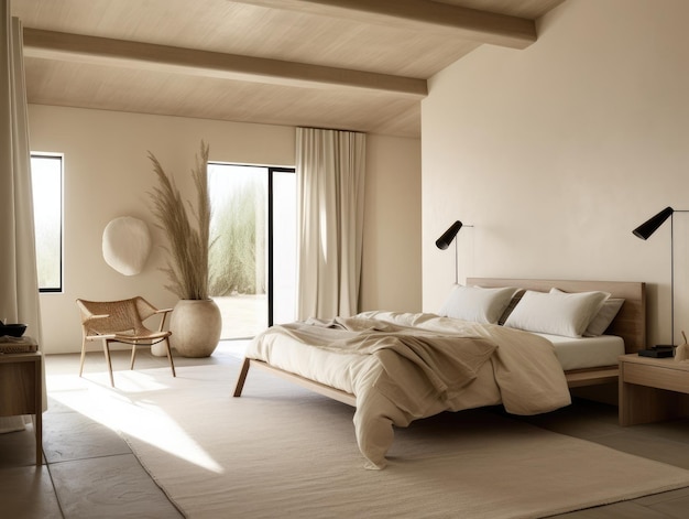 Heldere beige houten slaapkamer minimale moderne stijl Generatieve AI