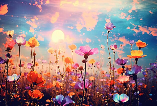 heldere bloemen die boven een kleurrijke hemel rijzen in de stijl van veellaagige collages