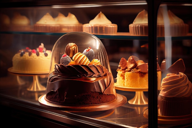 Foto heldere chocoladetaarten en gebakjes in het interieur van de patisserie